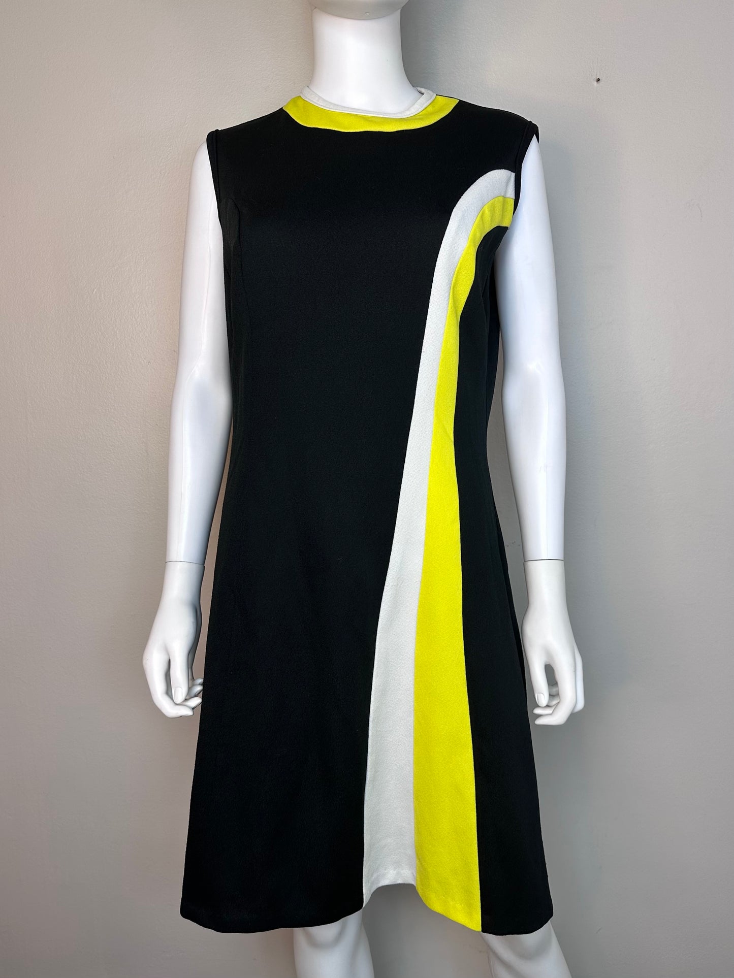 1970s Black and Yellow Mod Sleeveless Dress, Flutterbye Size Large