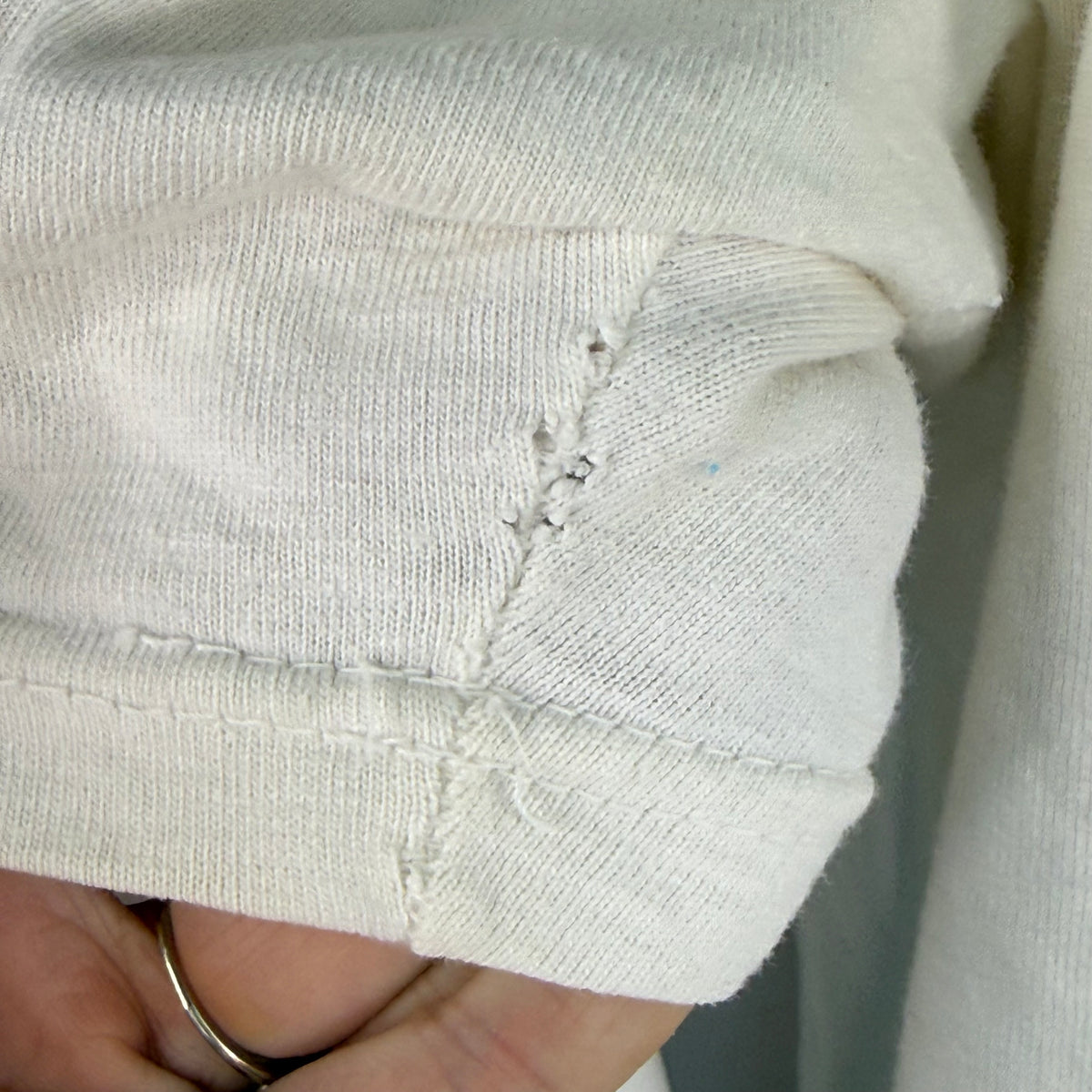1960s White Cotton Jersey, Size Large, No 77, Chainstitch Name GANG, Very Distressed