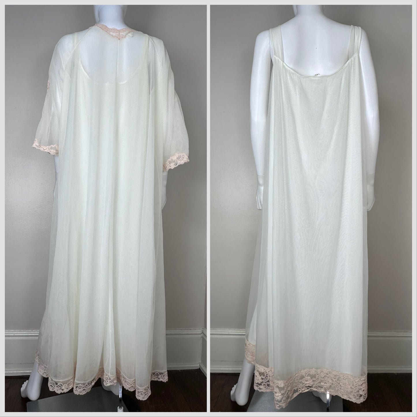 1960s Plus Size Peignoir Set, Mary Barron Size 1X, Cream with Peach Lace