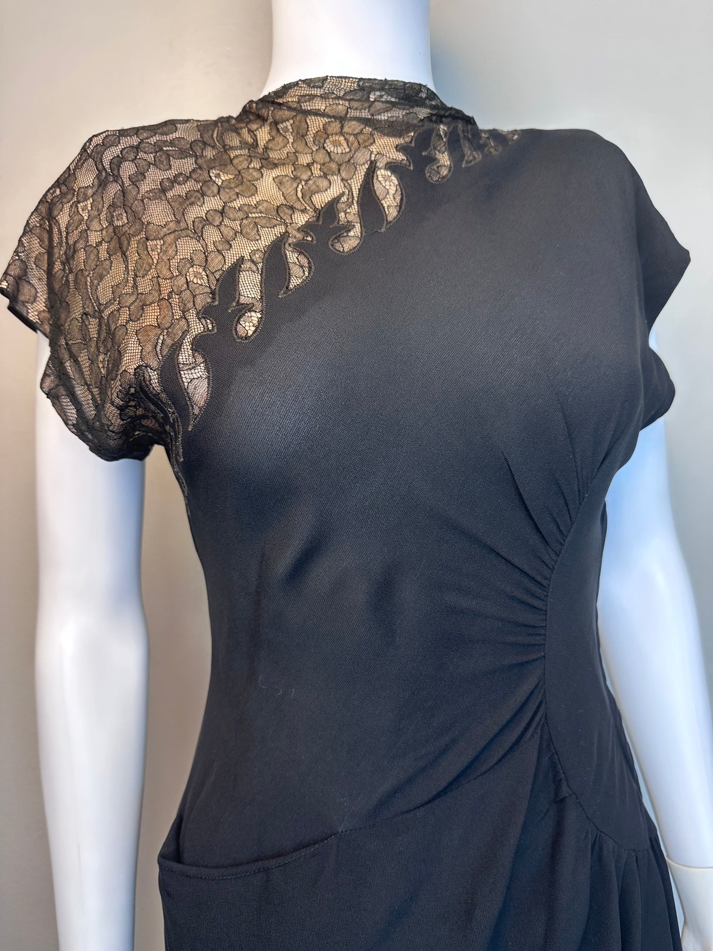 1940s Black Asymmetrical Dress with Lace, Size XS, Flames