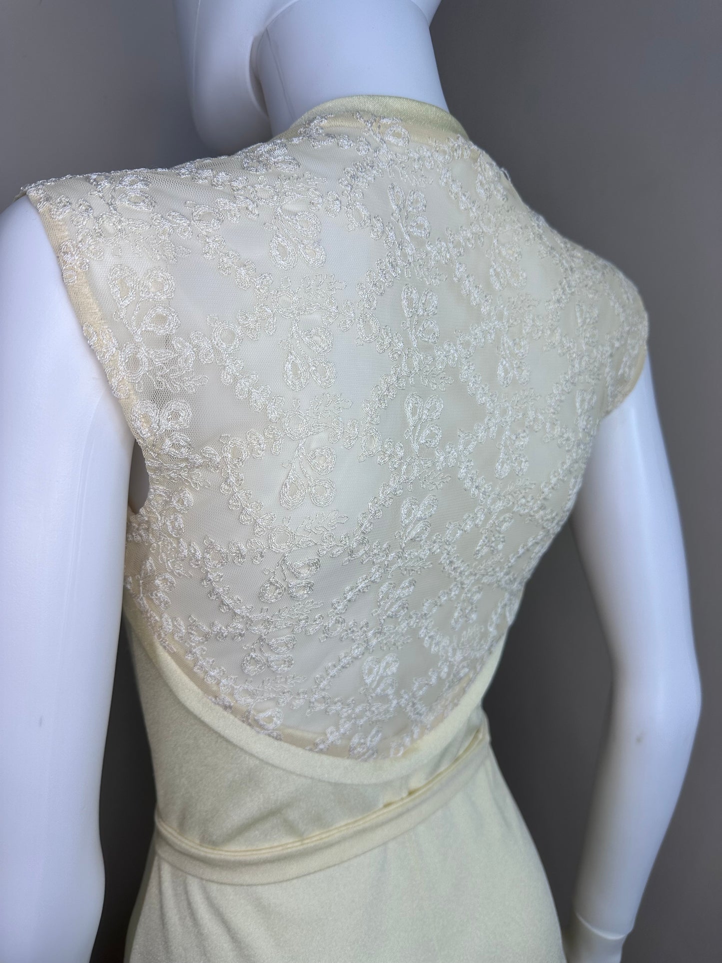 1970s Cream Knit Mini Dress with Sheer Lace Back, Size XS