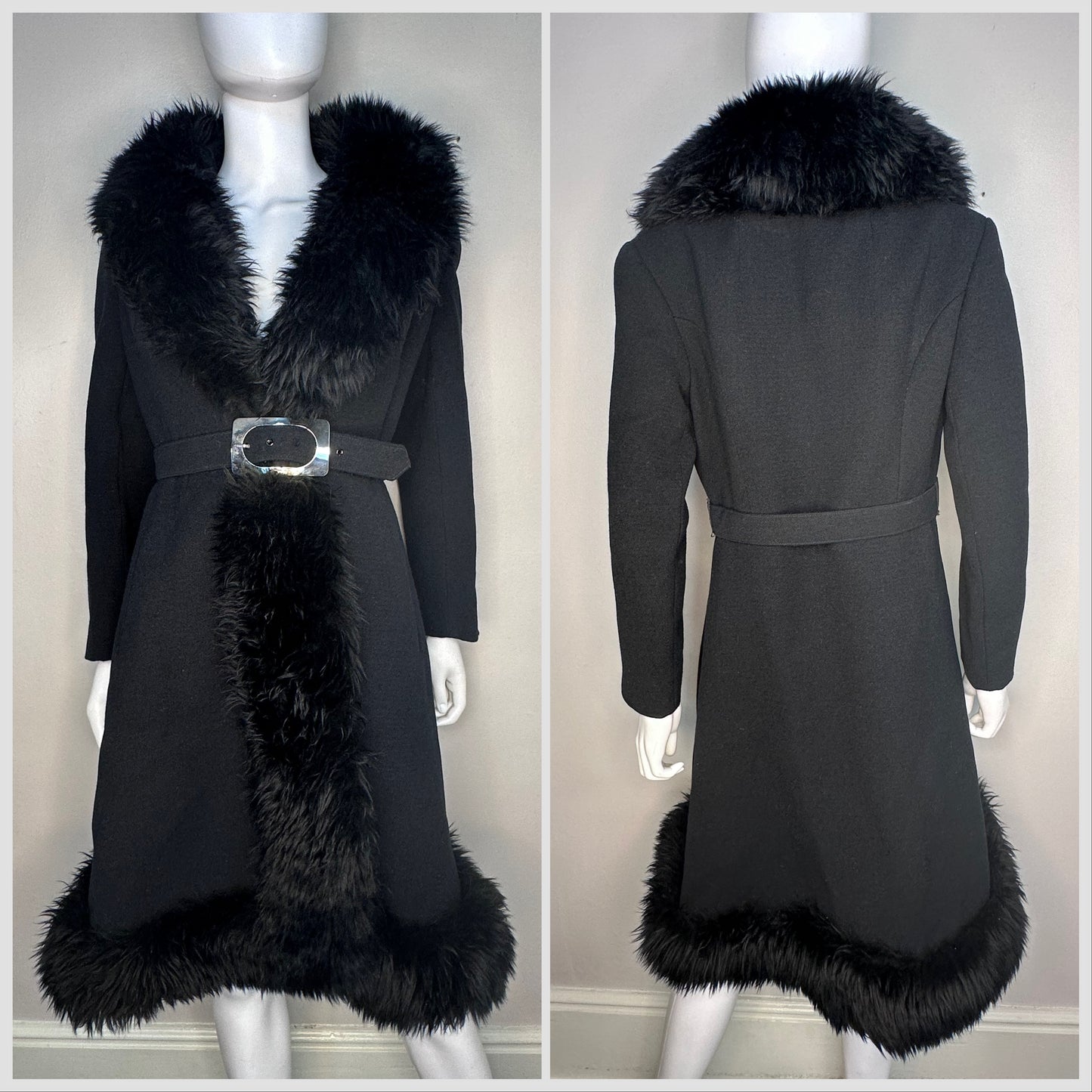 1960s/70s Black Belted Coat with Fur Trim, Richard Shops, Mono London Size XS-Small