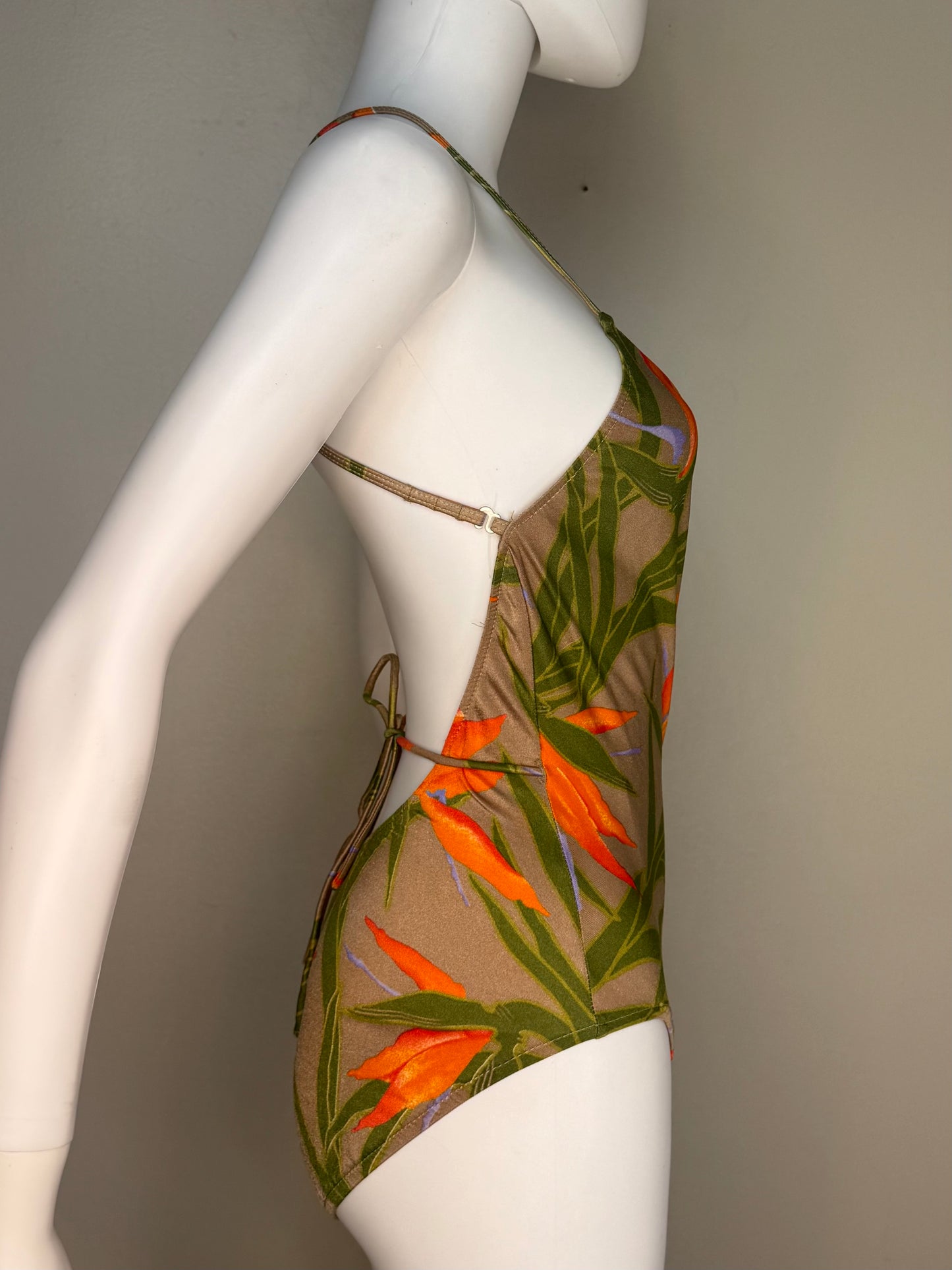 1970s Brown and Orange Floral One Piece Swimsuit, Bobbie Brooks Size XS/Small