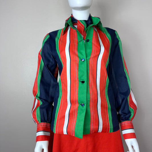 1970s Stripe Blouse with Attached Scarf, Size Medium