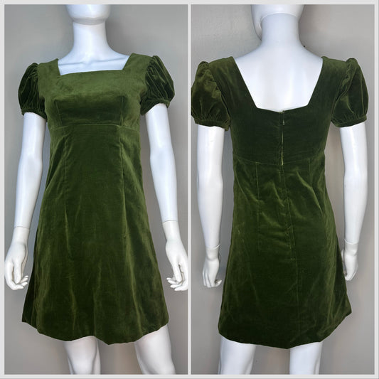 1960s Green Velvet Mini Dress, Size XS, Empire Waist, Puff Sleeves