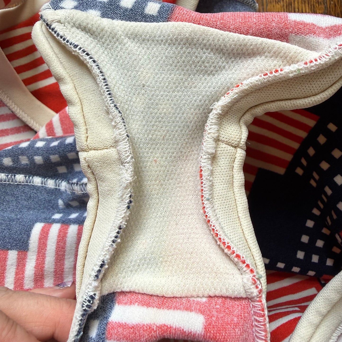 1970s Red White and Blue Geometric Print Girls’ Swimsuit, One Piece, Florence Eiseman Size 8