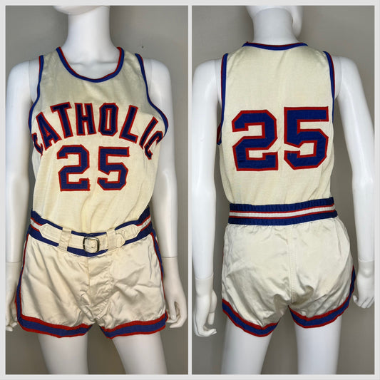 1960s Catholic Basketball Uniform, Jersey and Shorts, MacGregor Size Small, No 25