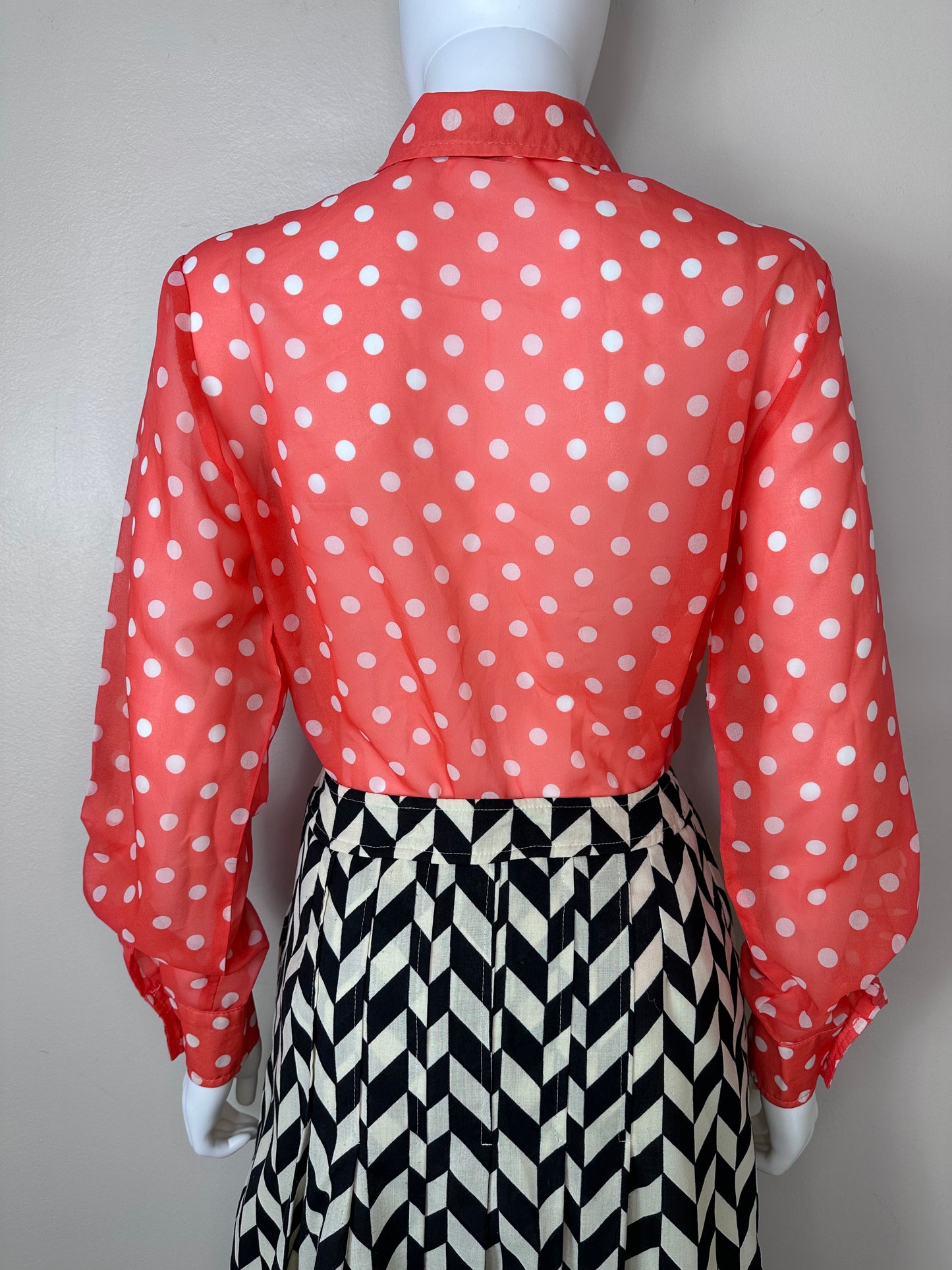 1970s Sheer Coral Polka Dot Blouse, Act III Size M/L, As-Is