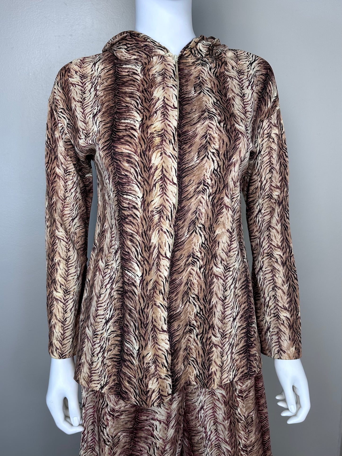 1970s Tiger Print Hooded Top and Palazzo Pants Set, Herman Marcus Dallas Size Small, Animal Print Loungewear Suit