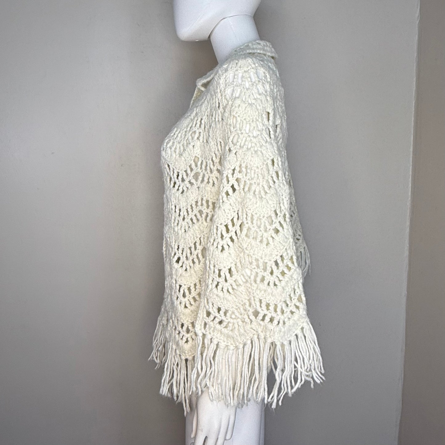 1970s Off White Crochet Cape w/Fringe, Poncho, Button Front Collar Boho Sweater