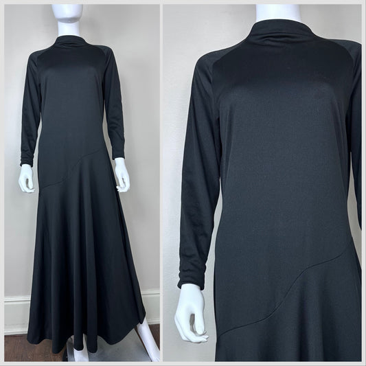 1970s Black Maxi Dress, Pauline Trigere Size Large, Curvy Asymmetrical Drop Waist