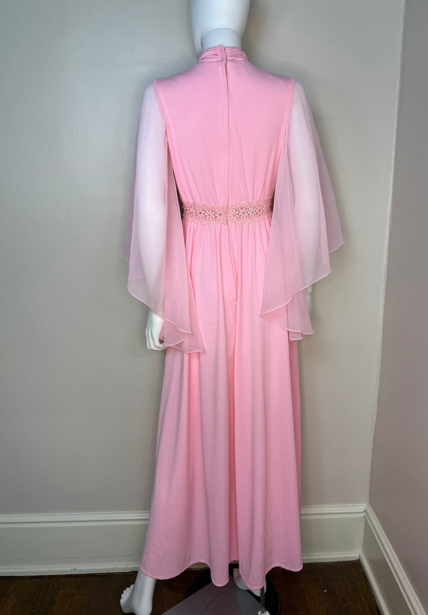 1970s Pink Maxi Dress, Sheer Angel Wing Sleeves, Jill Robbins Size S/M