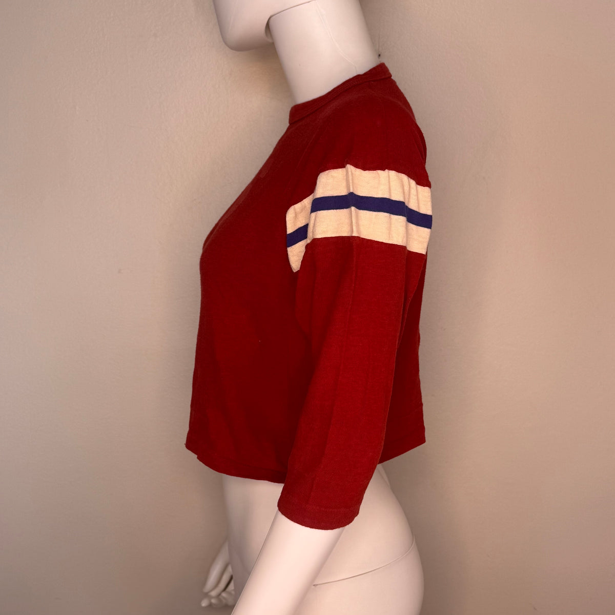 1960s Cropped Cotton Jersey T-Shirt, Size Medium, Red with Stripes on 3/4 Sleeves, No 16