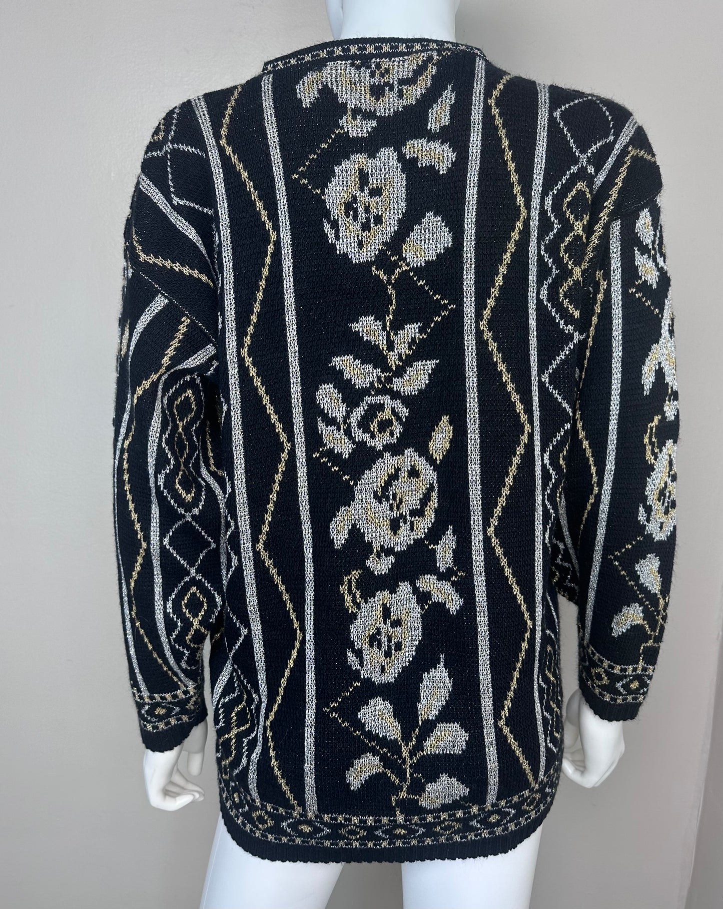 1980s Black Gold and Silver Metallic Floral Sweater, Dana Scott Size Medium