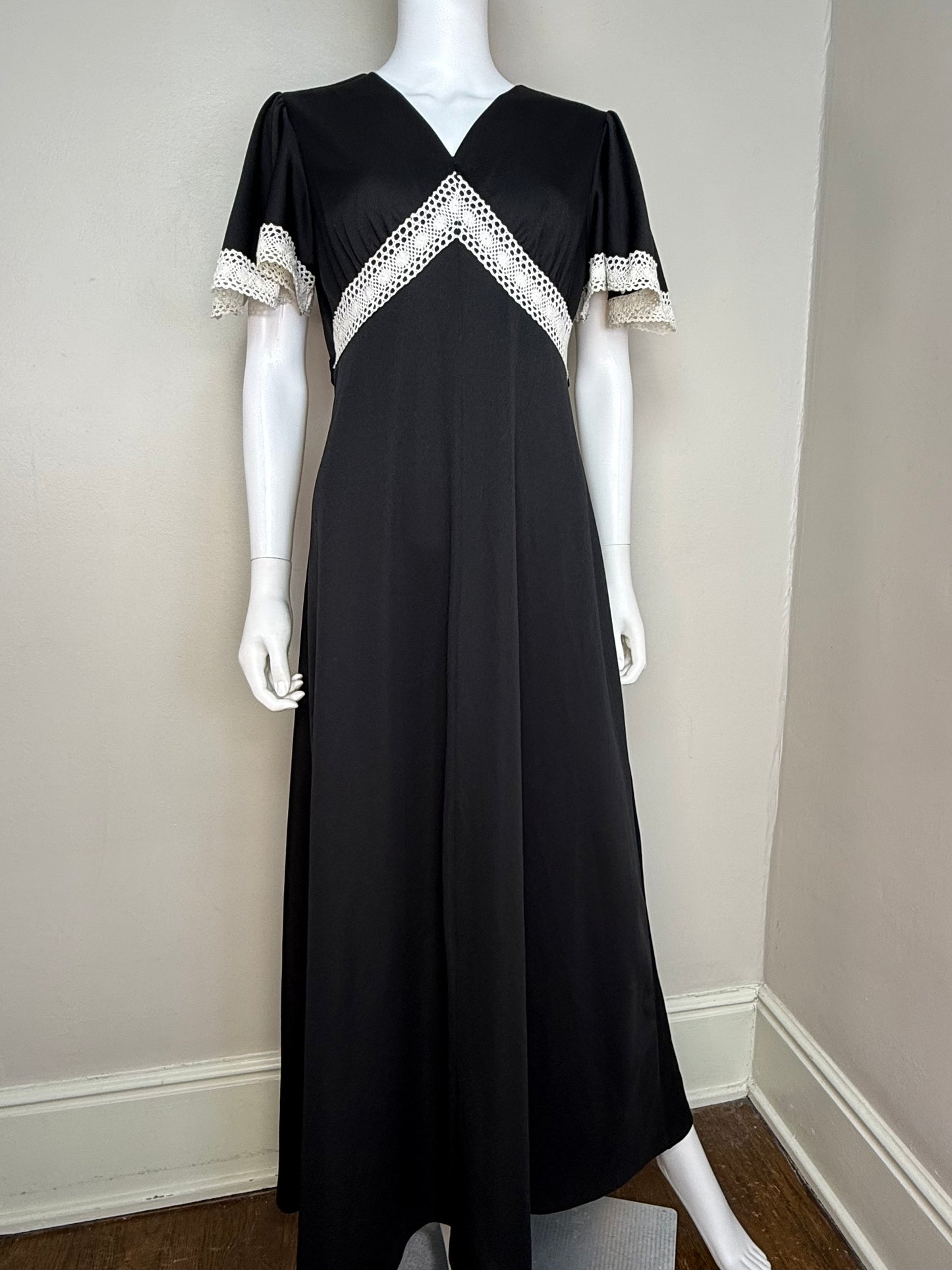 1970s Black Maxi Dress with White Crochet Trim, Sears Fashions Size Large