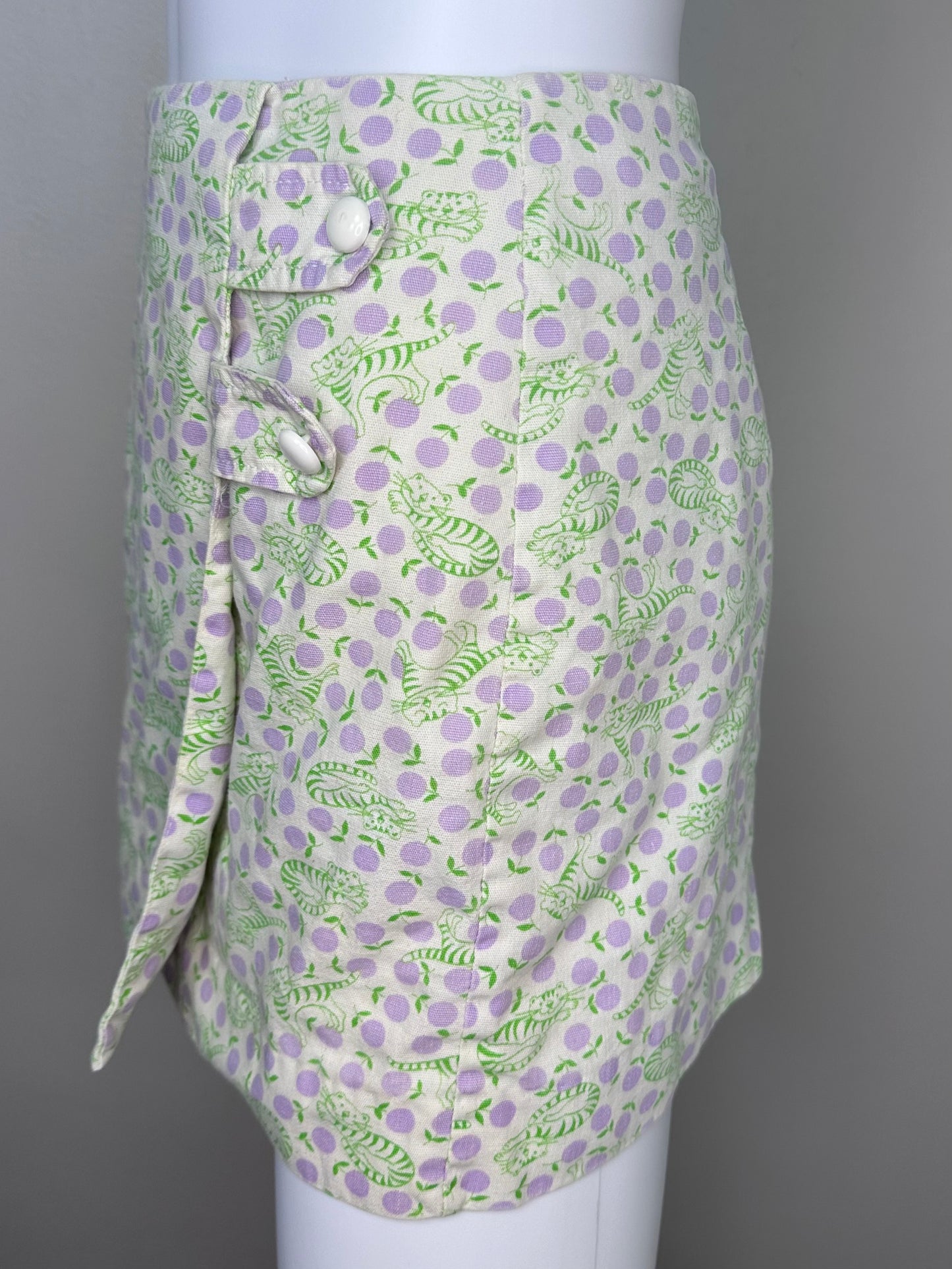 1960s Cat Print Skort, Size XS, High Waisted Micro Mini Skirt, Shorts