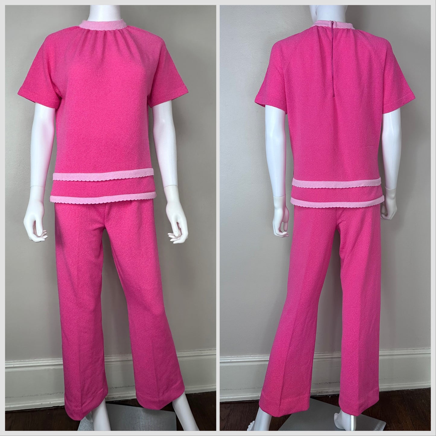 1960s/70s Bright Pink Polyester Top and Pants Set, Talbott Travler Size Small