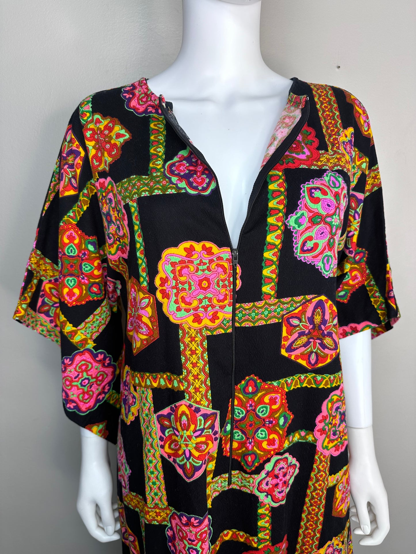 1970s Psychedelic Print Caftan Dress, Size Small-Medium