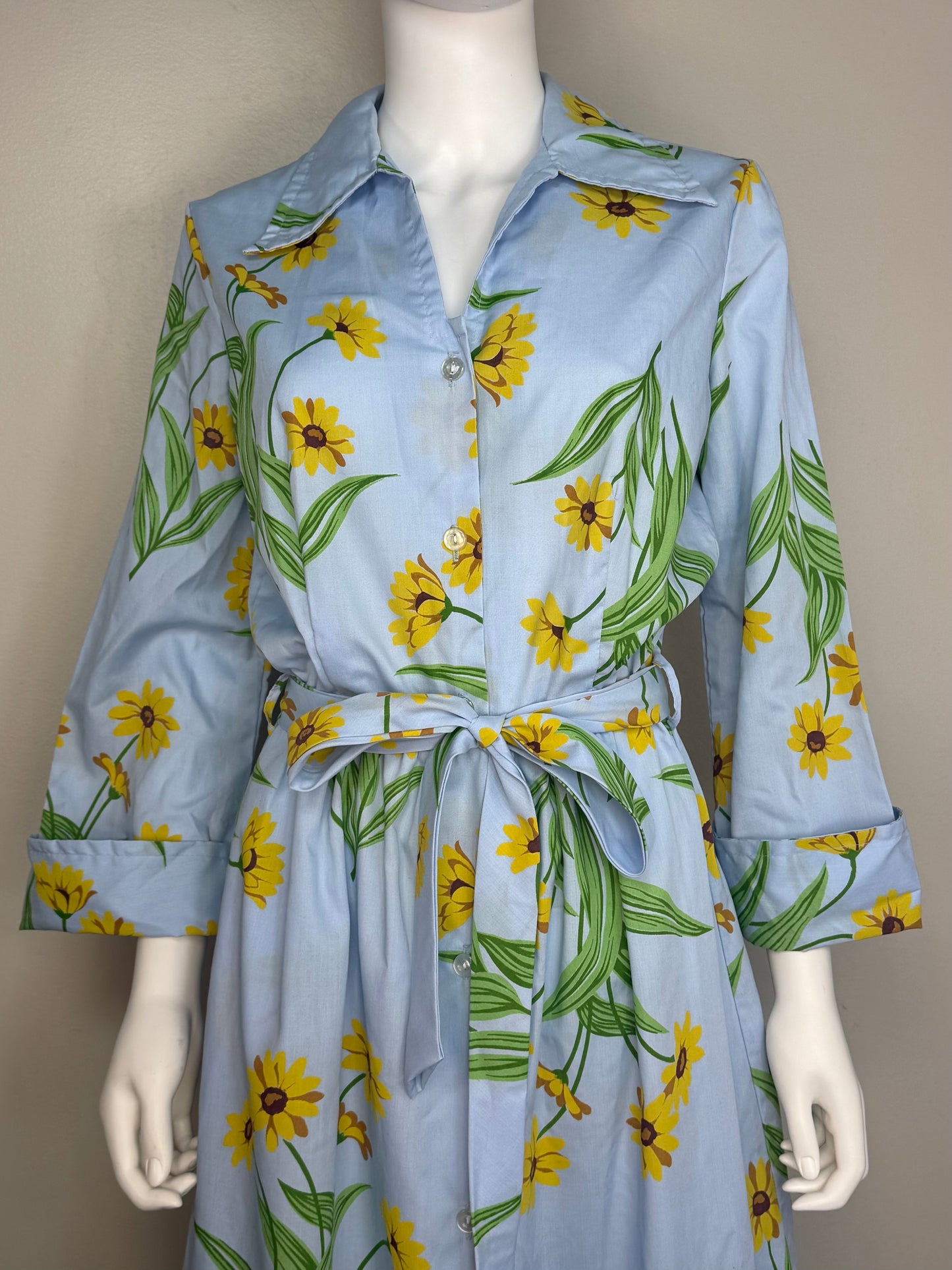 1970s Blue Floral Maxi Shirt Dress, Sears Size Large Tall