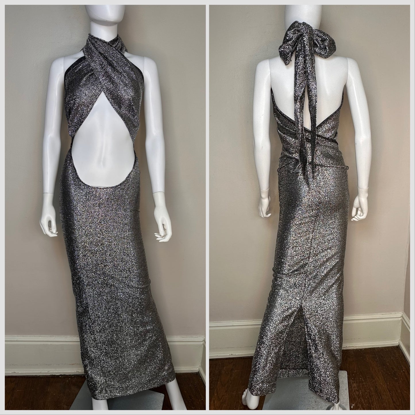 1970s Disco Black and Silver Lurex Convertible Dress Size XXS/XS