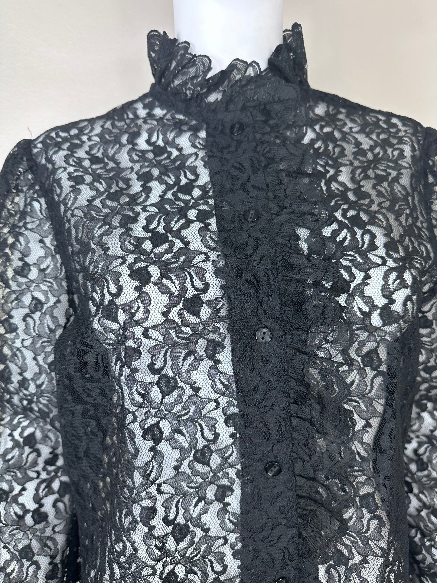 1970s Black Lace Victorian Inspired Blouse, Teddi of California Size XL, Deadstock with Tag