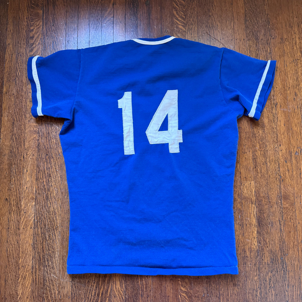 1970s Blue Patriots Jersey T-Shirt, Rawlings Size Large, No 14
