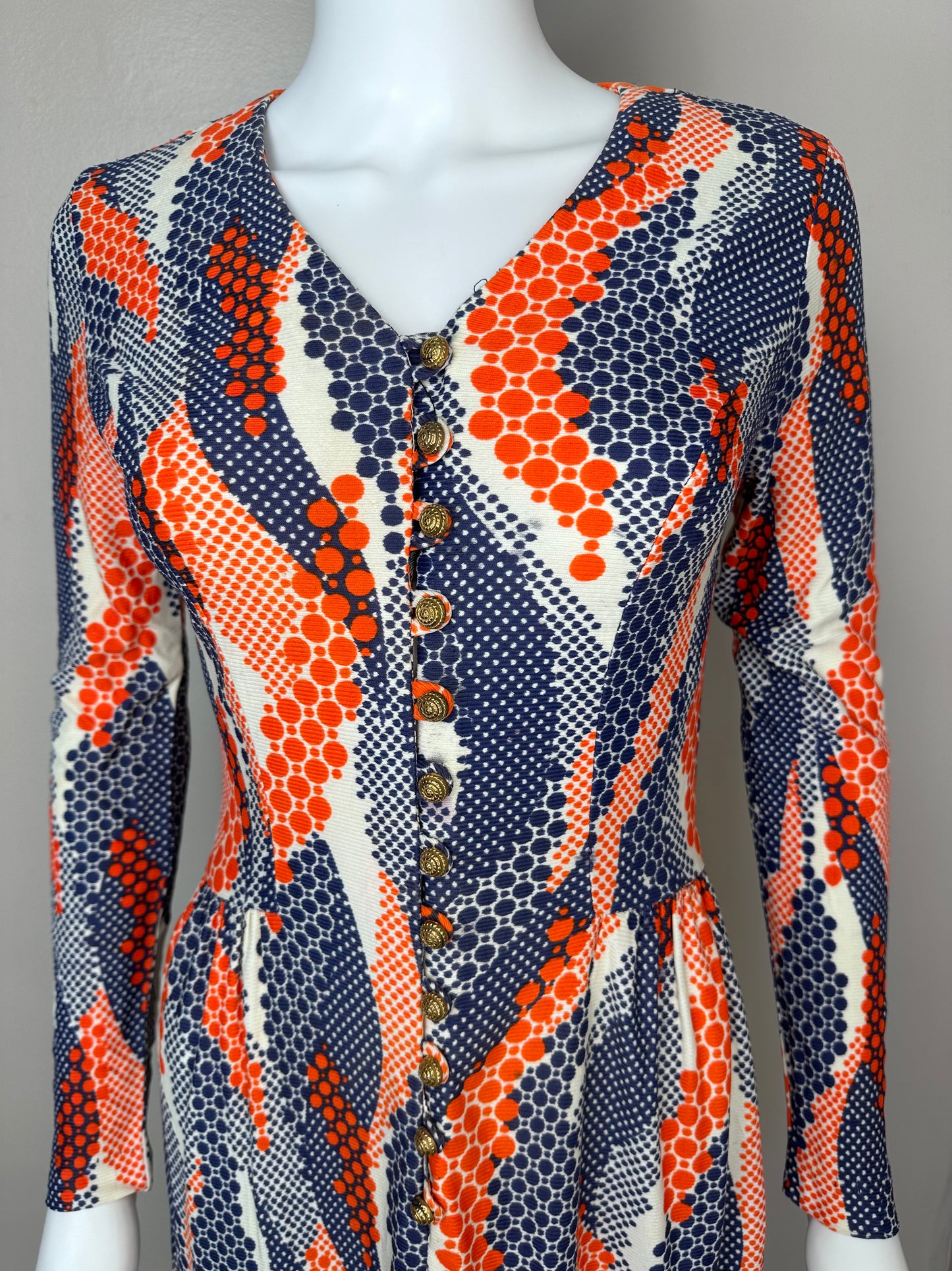 1970s Orange and Blue Psychedelic Swirl Polka Dot Dress, Size XS-Small