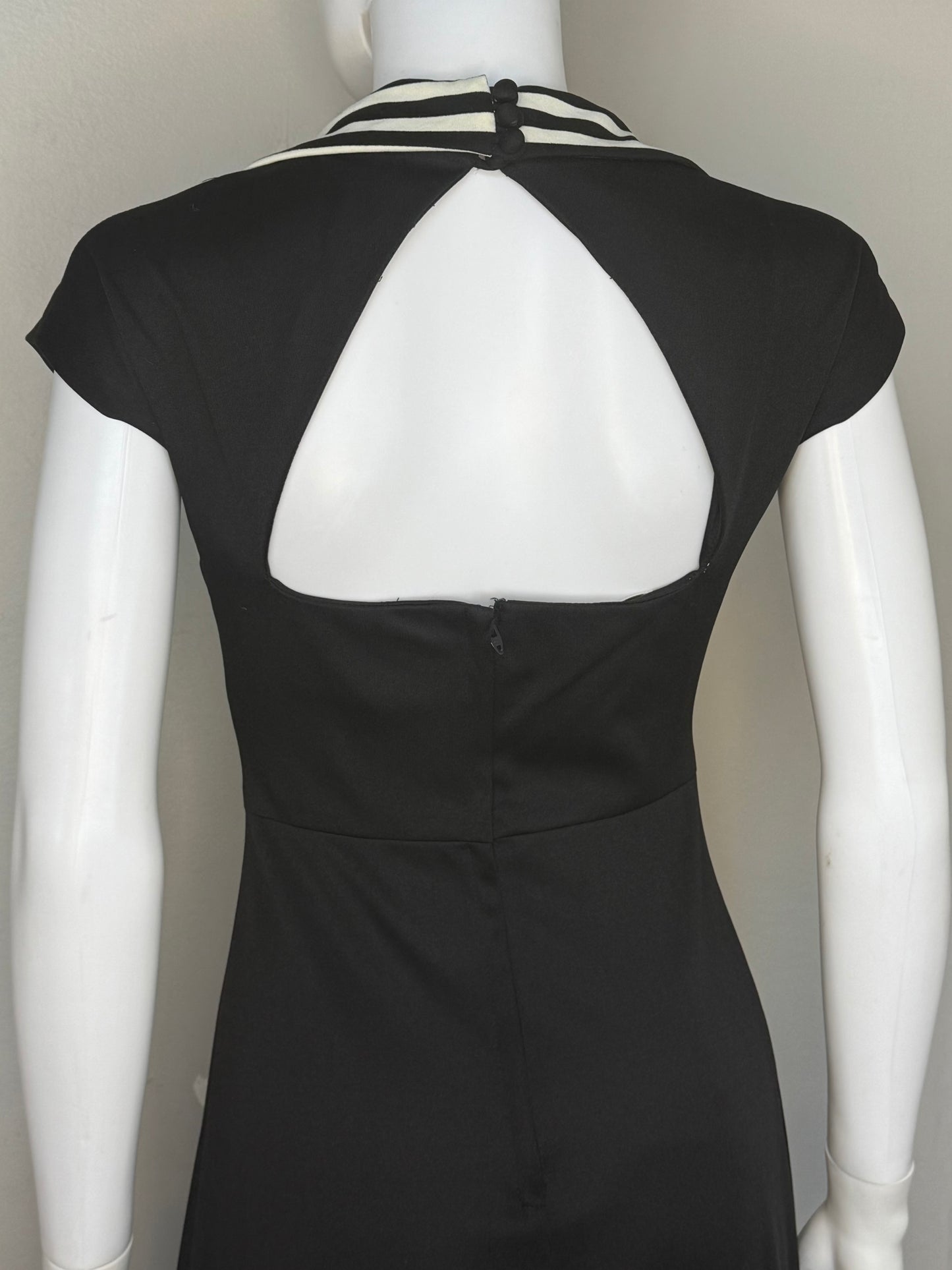 1970s Black and White Stripe Maxi Dress, Patricia Fair Size XS, Cut Out Open Back