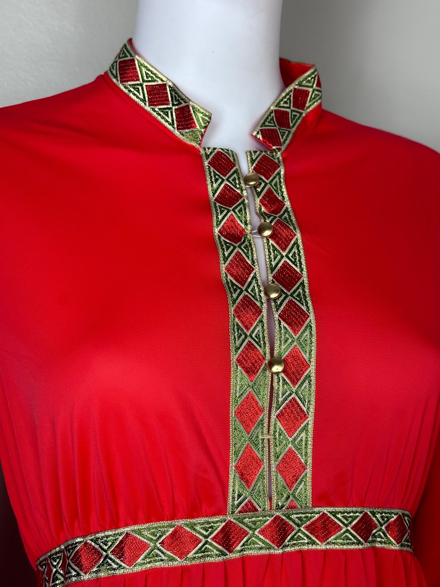 1970s Red Nightgown with Gold Trim, Lorraine Size S/M