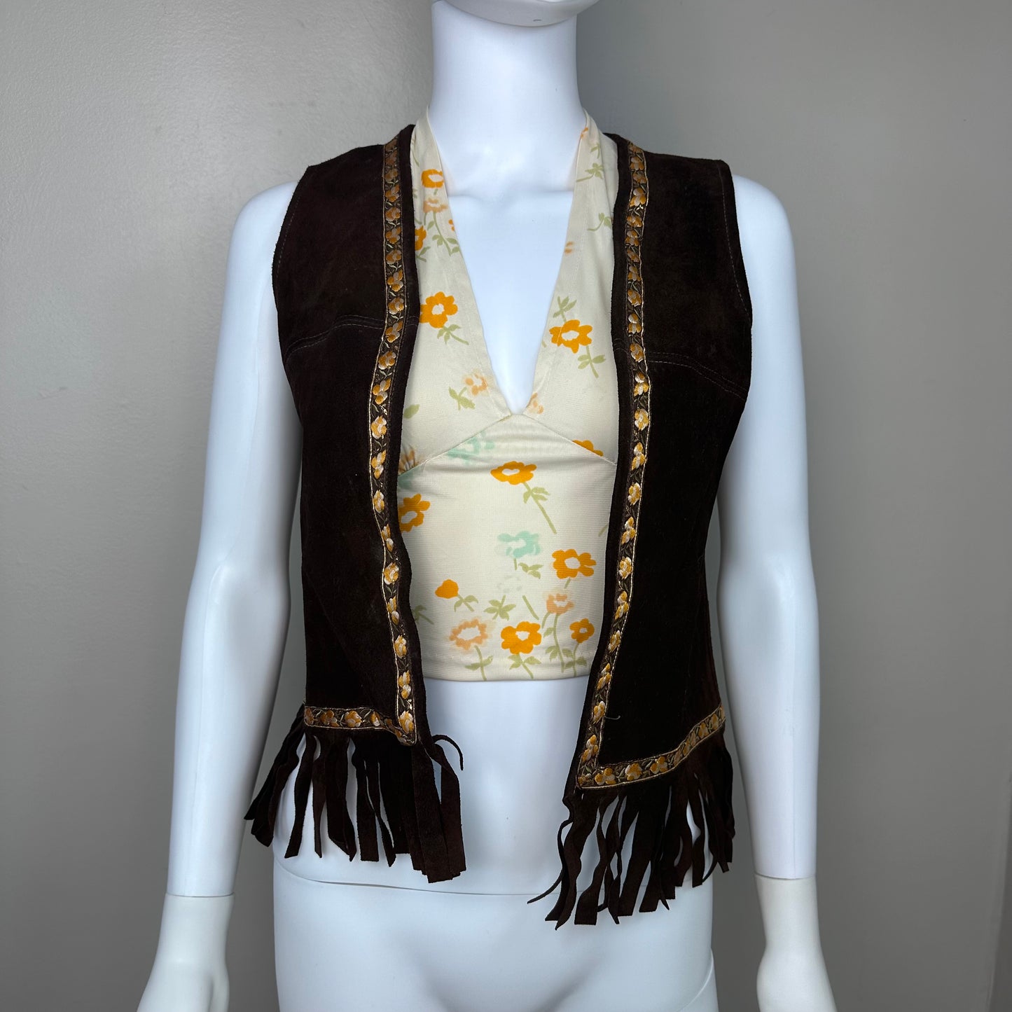 1960s Brown Leather Fringe Vest, Floral Trim, Jorgen’s Leather Design Size XS