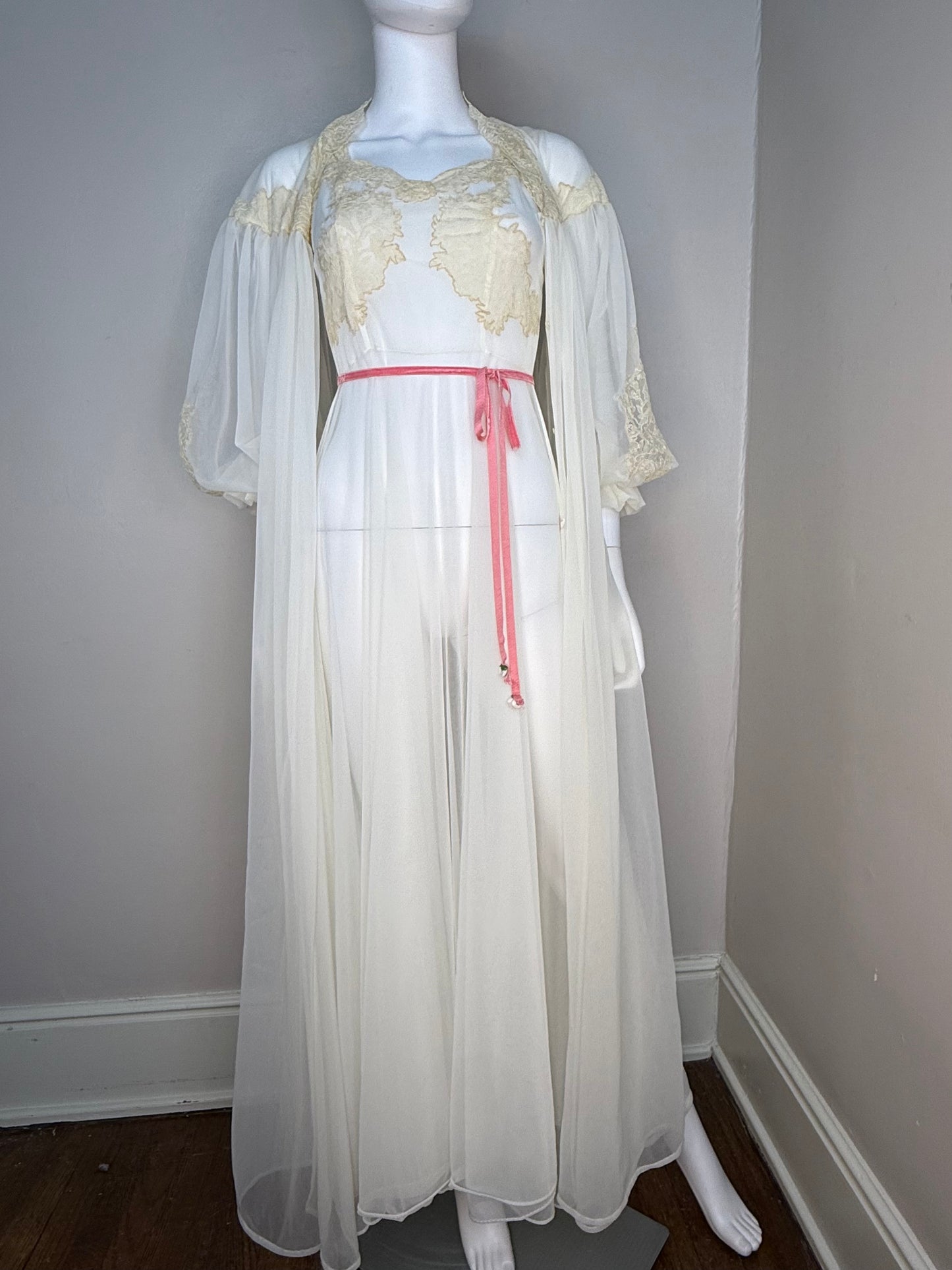 1950s Full Length Peignoir Set with Full Sweep, Sheer Off White Nylon with Cream Lace and Pink Ribbon, Yolande Size 32, XS, Night Gown and Robe, Bridal Lingerie