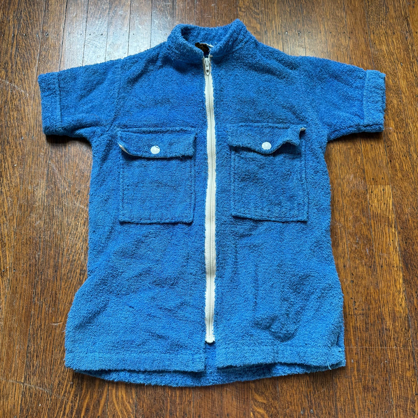 1970s Kids’ Blue Terrycloth Beach Jacket, The Put On Shop Swimwear Size 6/8, Sears, Swim Cover Up Shirt