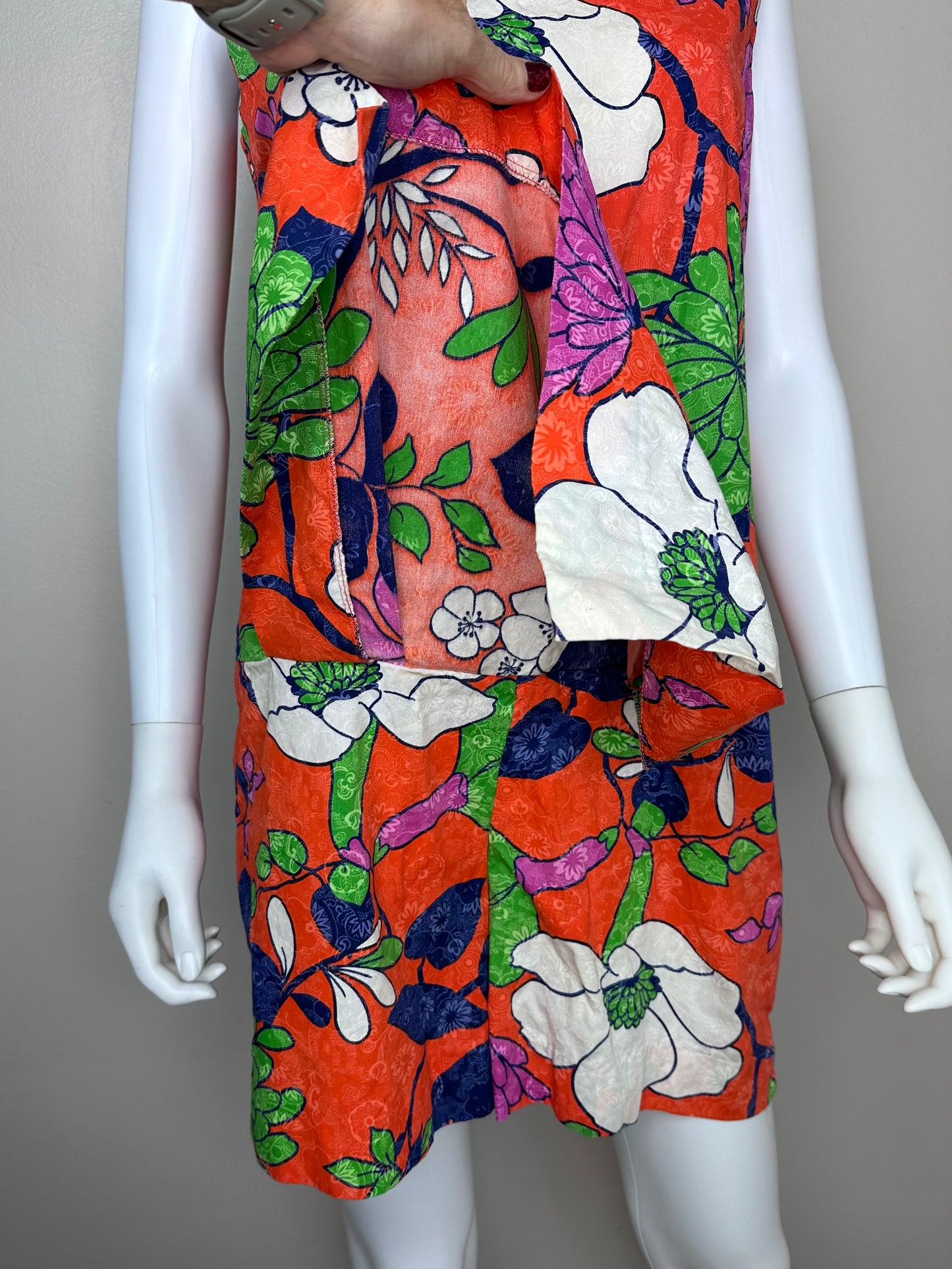 1960s Orange Floral Romper, Size Medium, Skort, Mini Dress