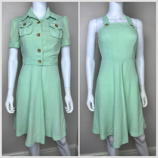 1970s Mint Green Sundress and Short Sleeve Jacket Set, Size XS, 70s does 40s Dress Suit