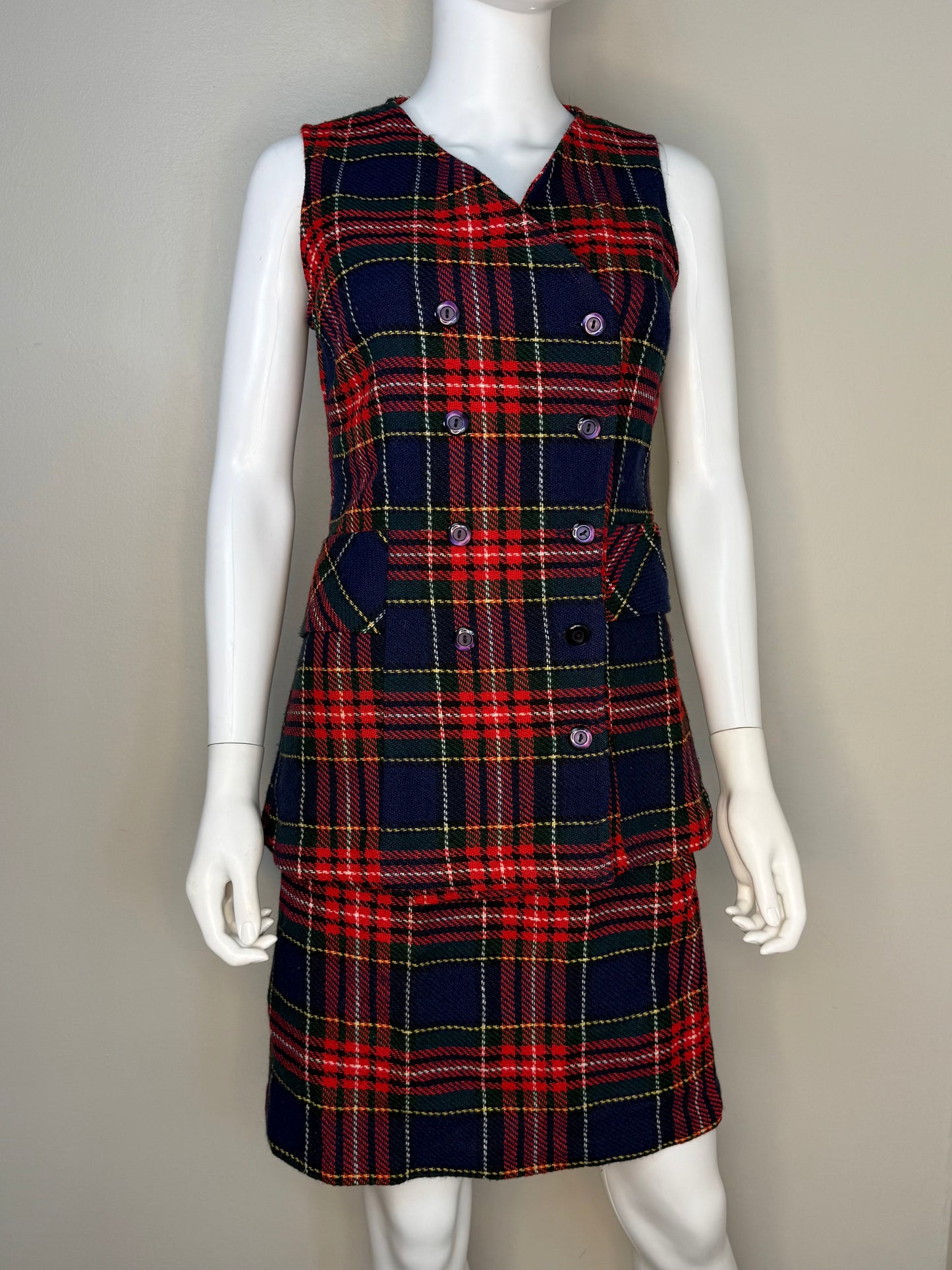 1960s Navy Blue and Red Plaid Vest and Skirt Set, Handmade Size Small