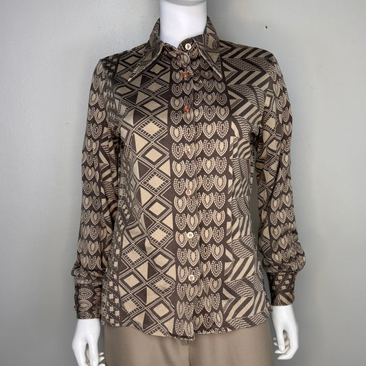 1970s Brown Geometric Art Deco Print Long Sleeve Blouse, Jantzen Size Medium