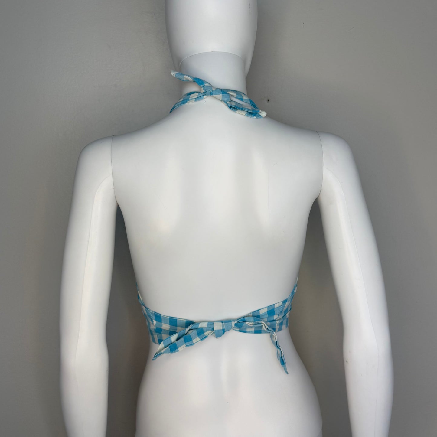 1970s Blue and White Plaid Cropped Halter Top, Tie, Size X-Small