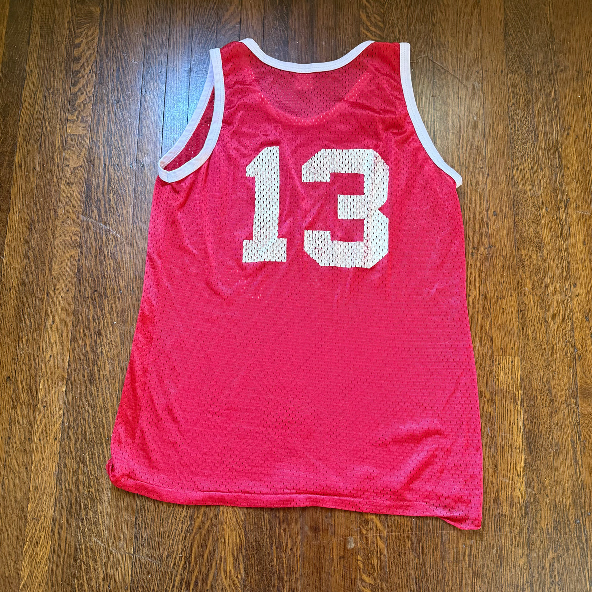 1970s/80s Red Mesh Basketball Jersey Tank Top, Size Medium, Globe Travelers No 13, Distressed