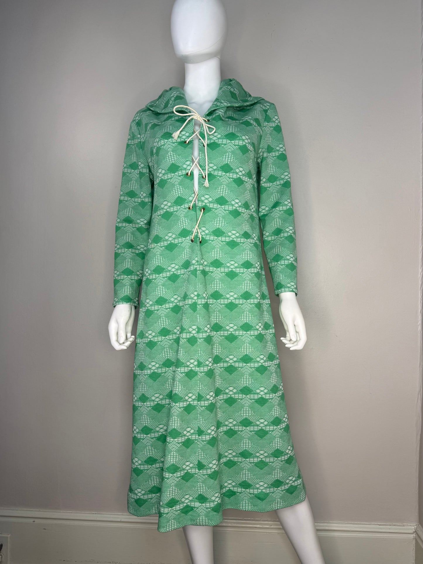 1970s Hooded Lace Up Dress, Size Medium, Green Geometric Polyester Double Knit