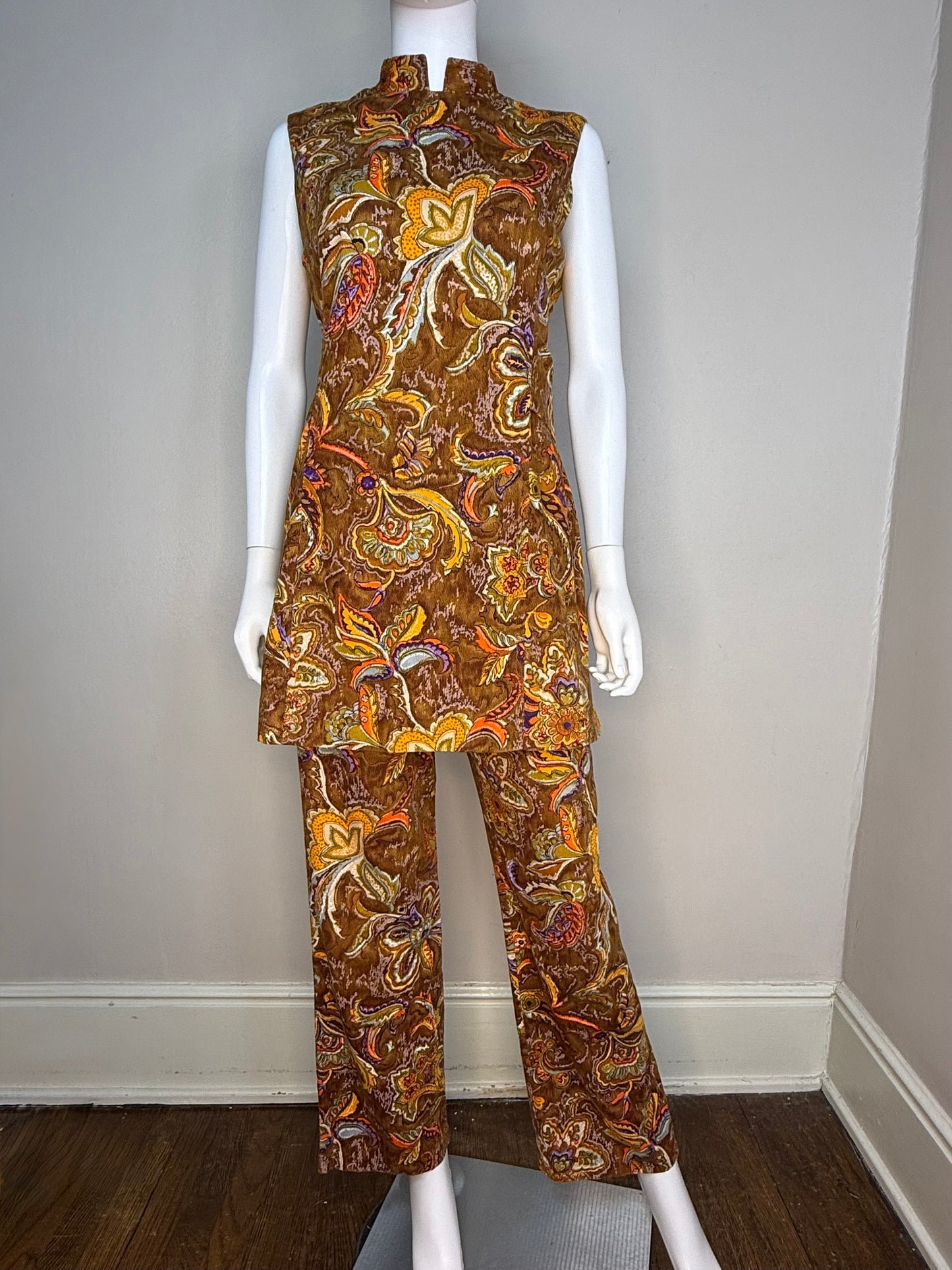 1960s Brown Paisley Cotton Barkcloth Mini Dress and Pants Set, Handmade Size Medium