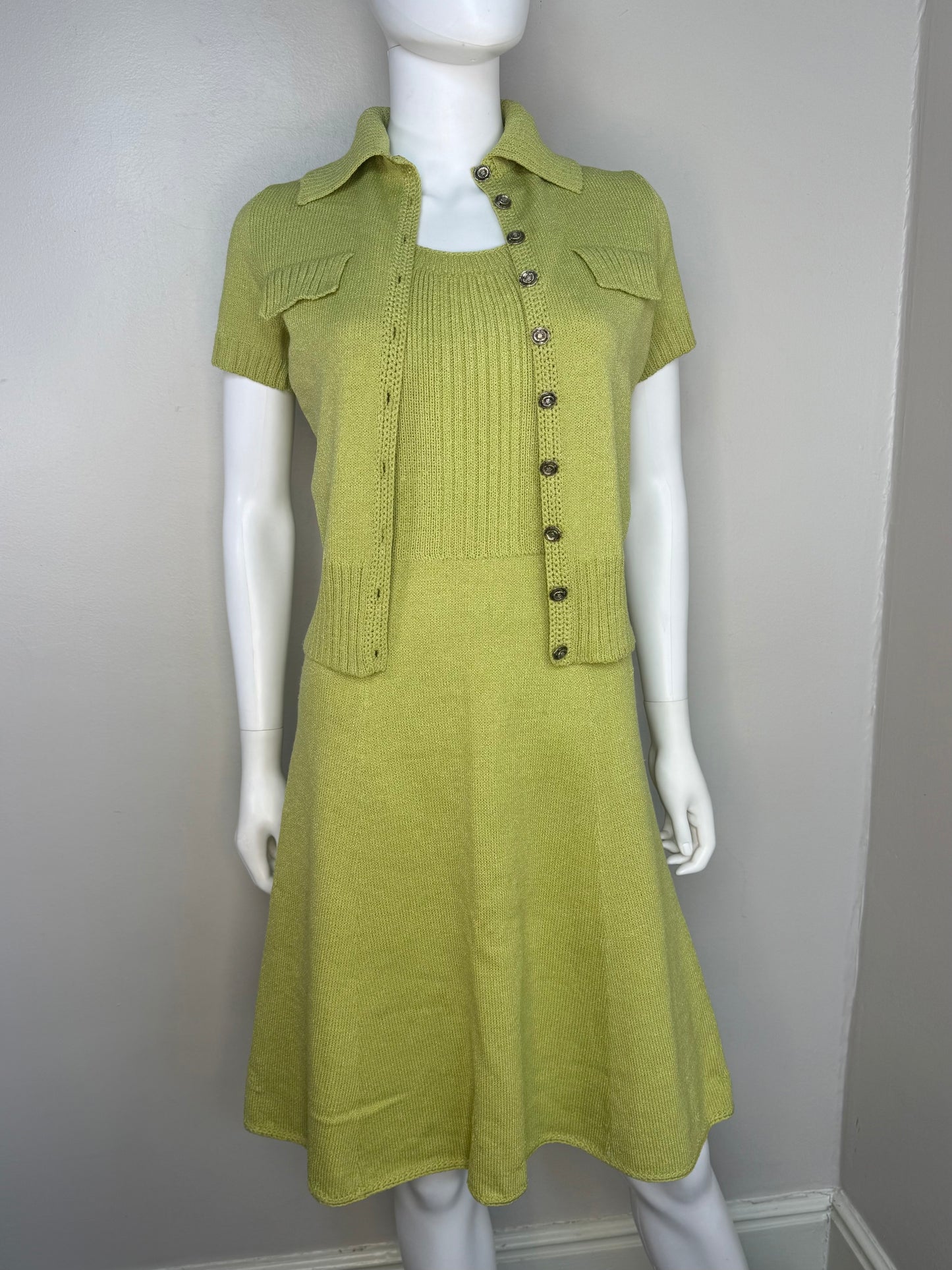 1960s/70s St John Knits Green Sleeveless Sweater Dress and Matching Short Sleeve Cardigan, Size XS-Small