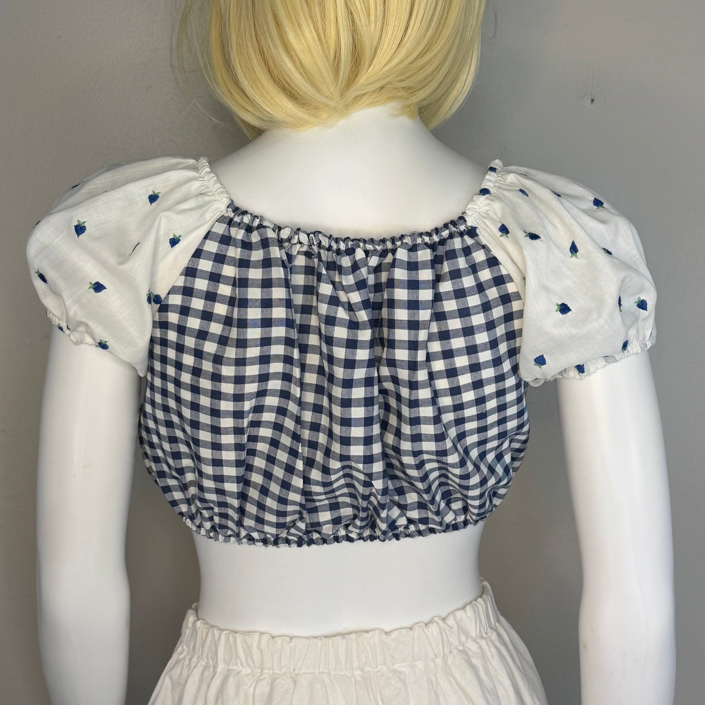 1970s Blue Gingham Cropped Blouse with Embroidered Puff Sleeves, Baar & Beards Size XS
