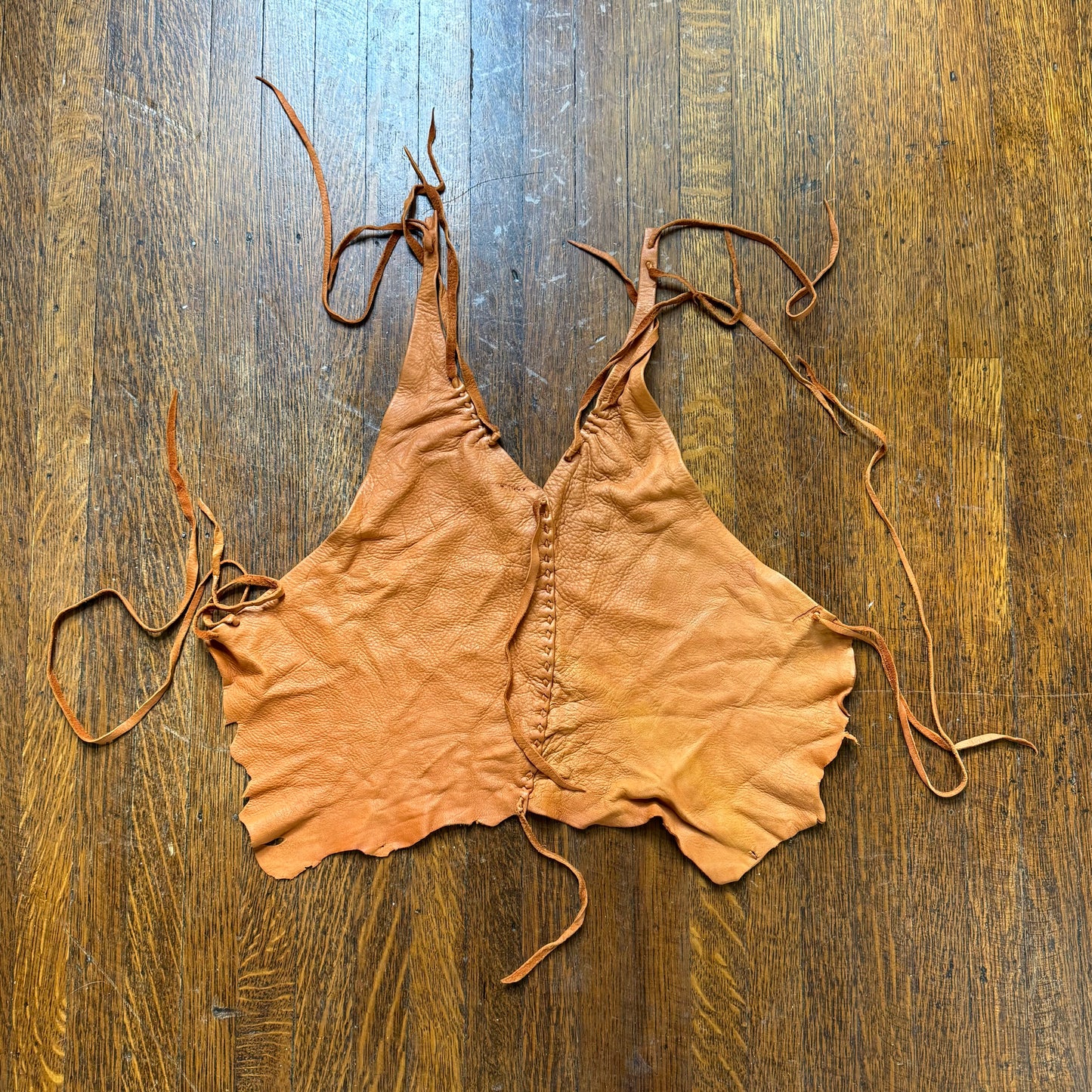 1970s Brown Leather Hide Halter Top, Cropped, Open Back, Handmade Size XS-Small