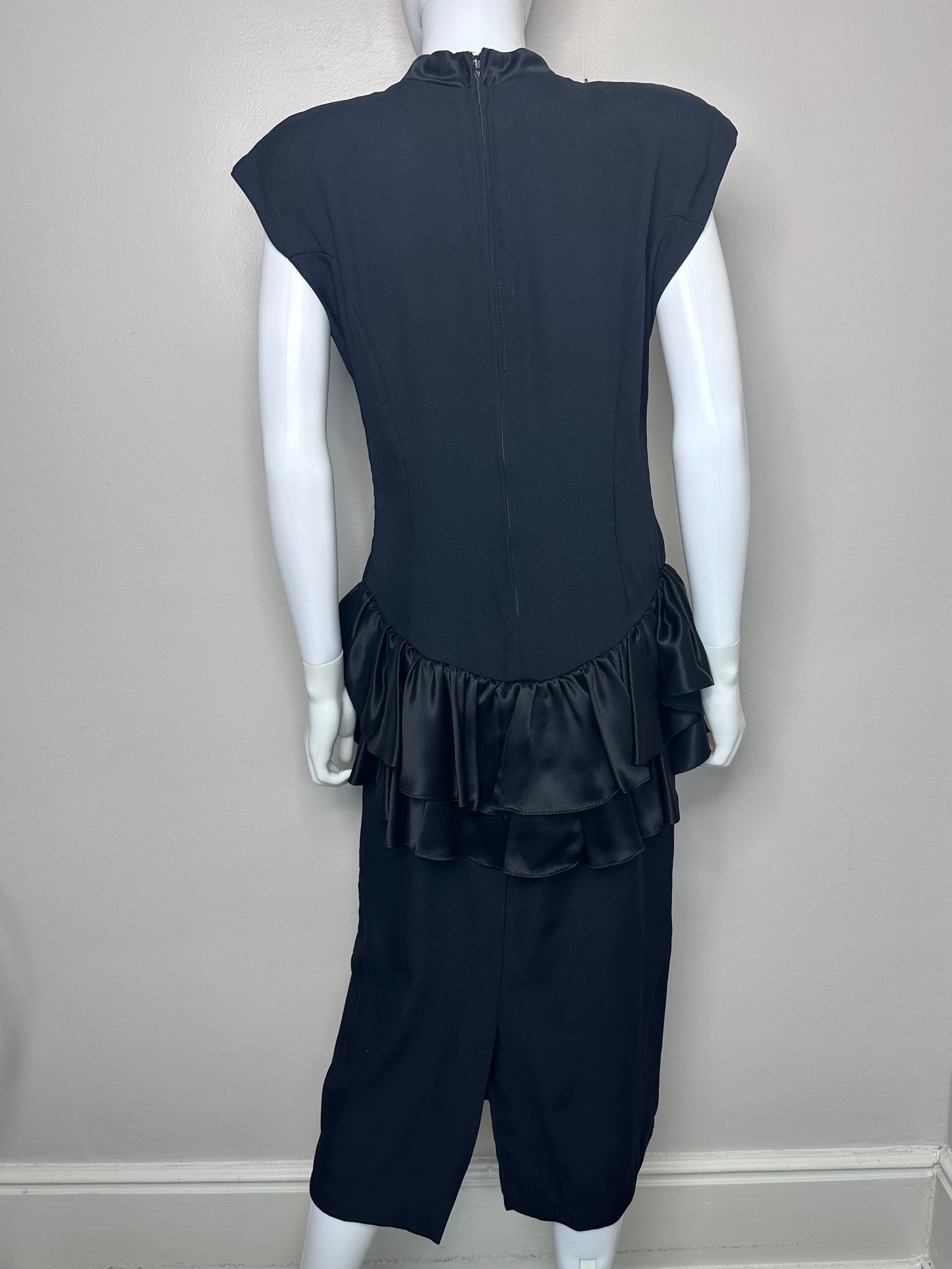 1980s Black Drop Waist Dress, Ruffle Peplum, All That Jazz Size Medium