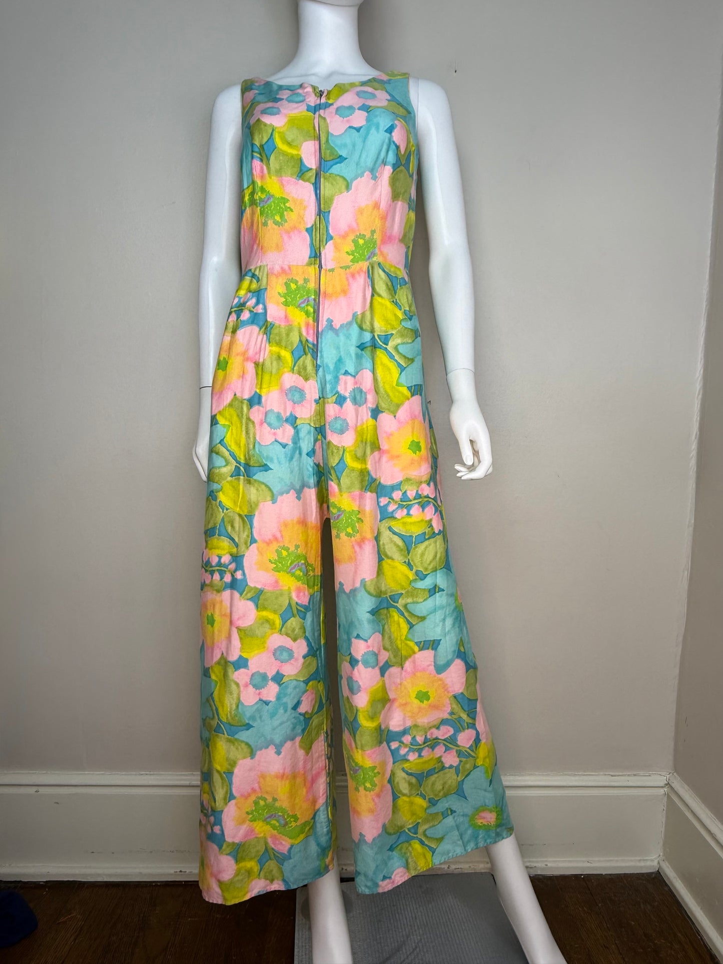 1960s Floral Cotton Sleeveless Jumpsuit, Front Zip, Wide Flare Leg, Size Small