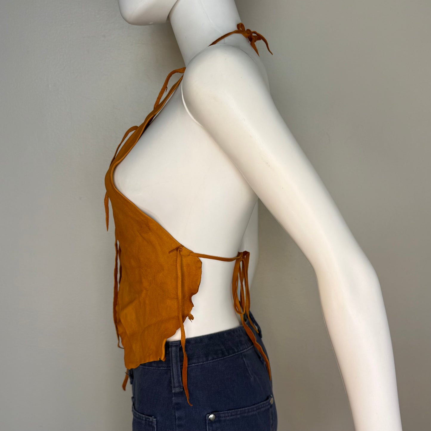 1970s Brown Leather Hide Halter Top, Cropped, Open Back, Handmade Size XS-Small