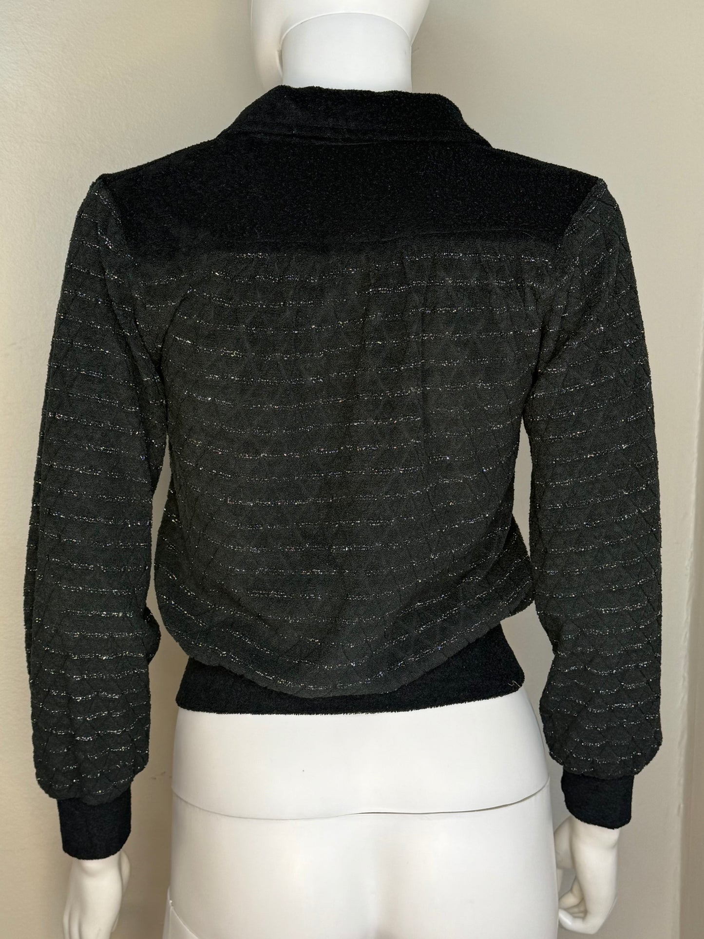 1970s Black Terry Cloth Collared Sweater with Glitter Stripes, Size XS-Small