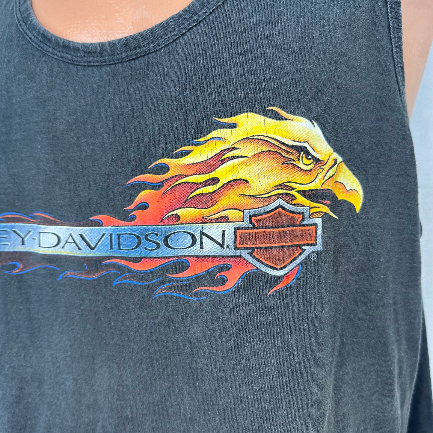 Y2K Harley Davidson Motorcycles Tank Top, Size XXL, 2000 Flaming Eagle, Bumpus Memphis Tennessee, RK Stratman