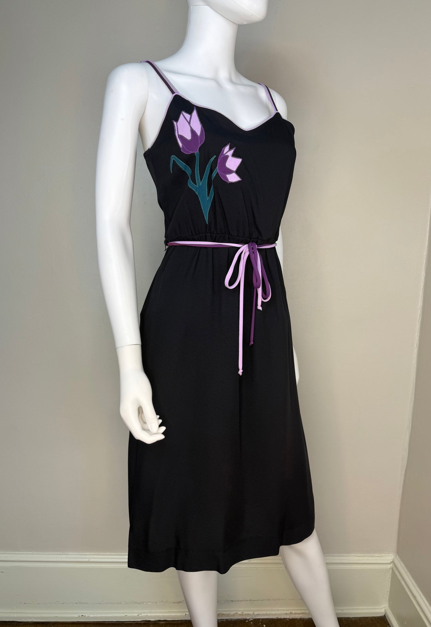 1970s/80s Black Sundress with Floral Applique, My Colours Dress Size Small