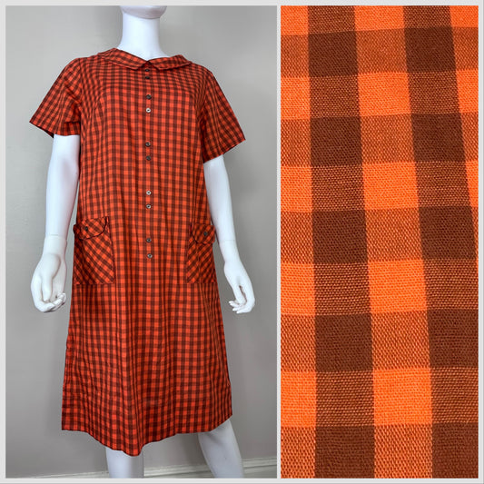 1960s Orange Plaid Dress, Sears Size Large